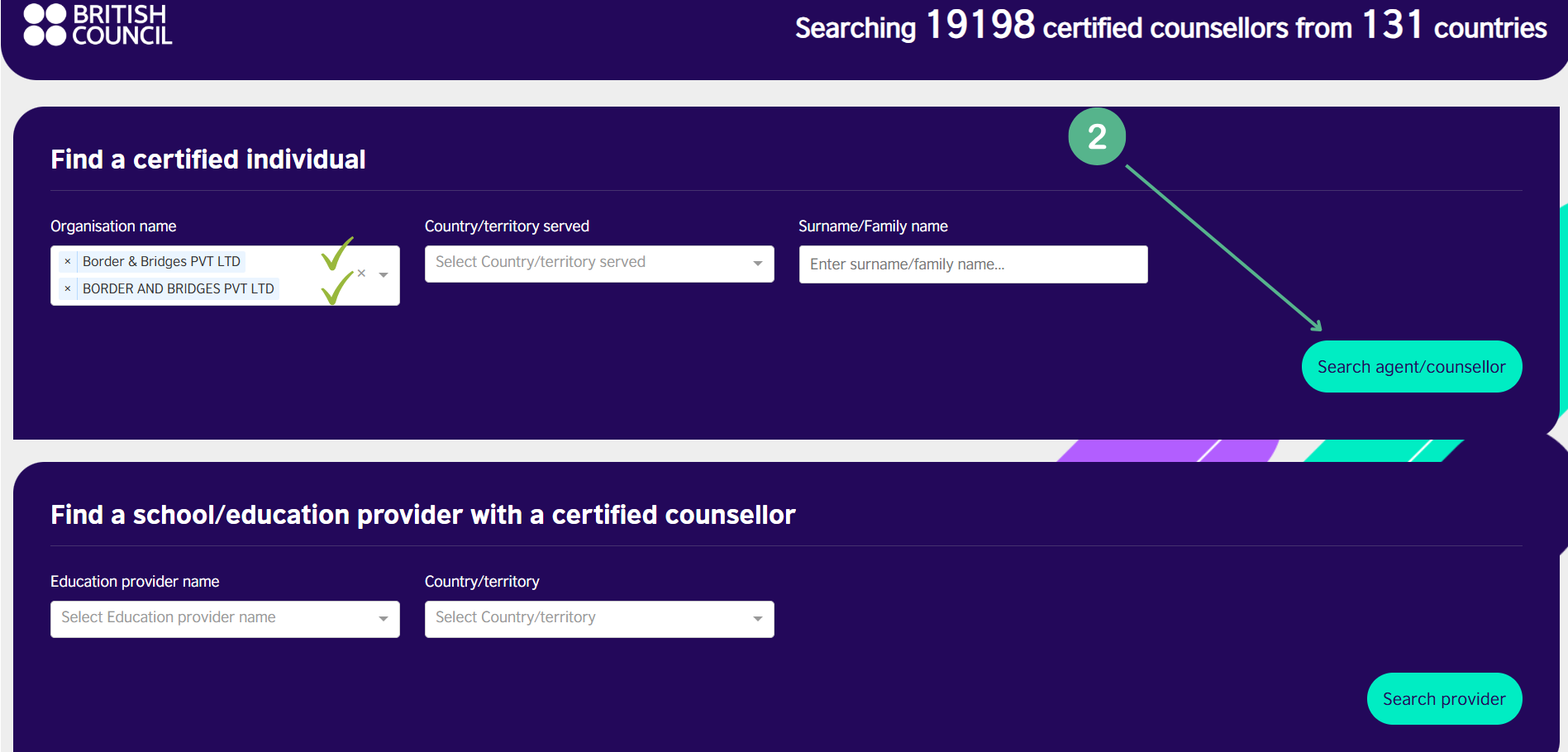 Click search agent button on British Council portal