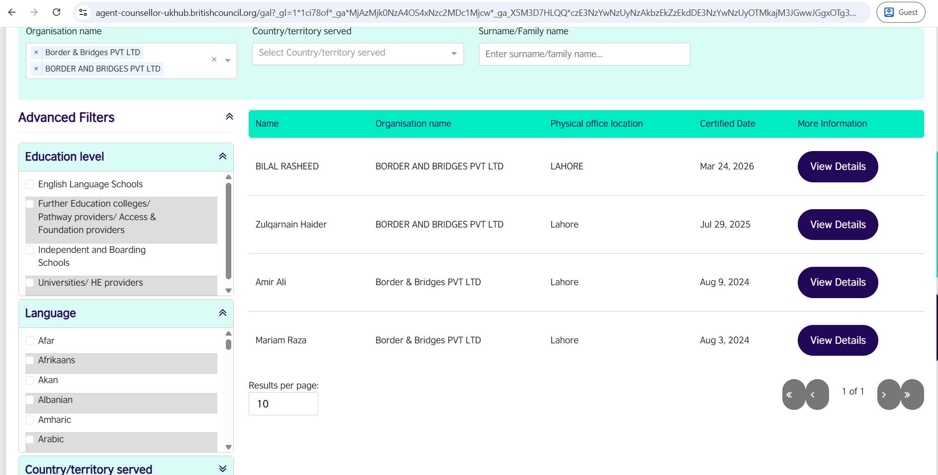 British Council verification result showing Border and Bridges as registered agent