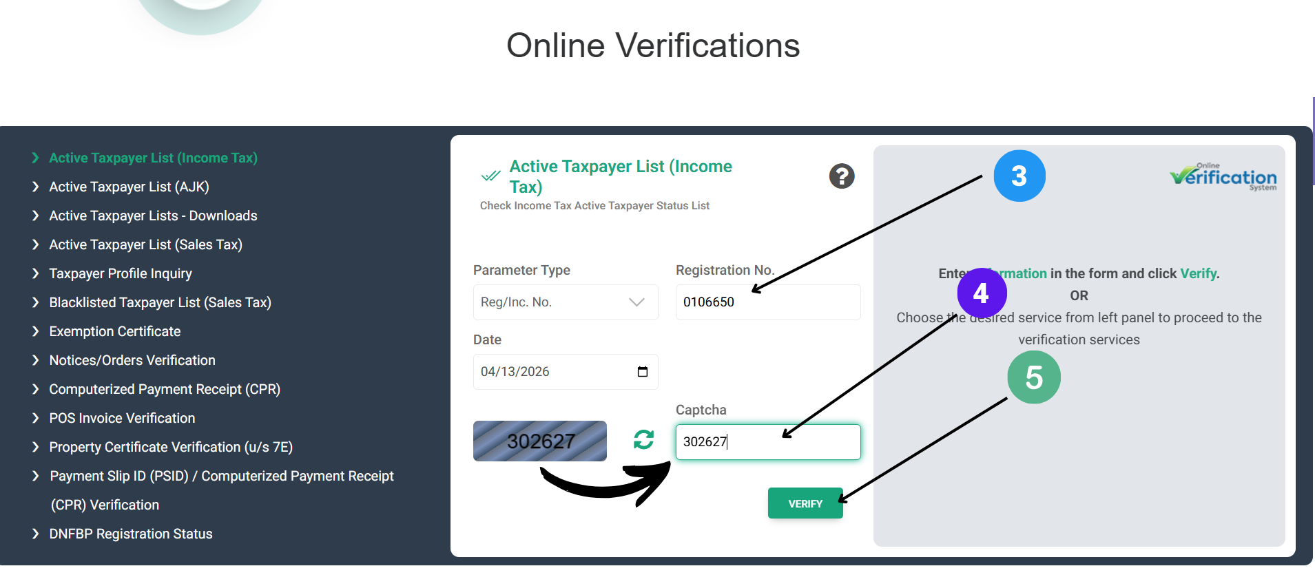 Selecting Reg/Inc. No. from dropdown – FBR verification