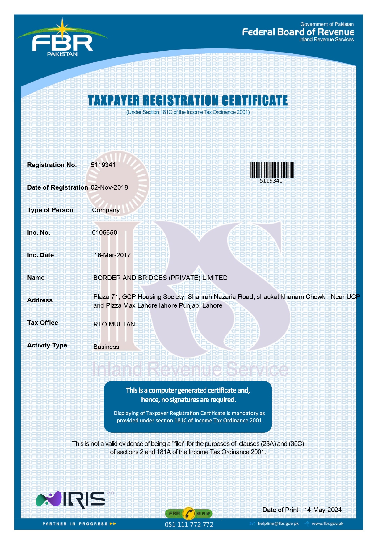 Border and Bridges FBR Registration Certificate – Inc. No. 0106650