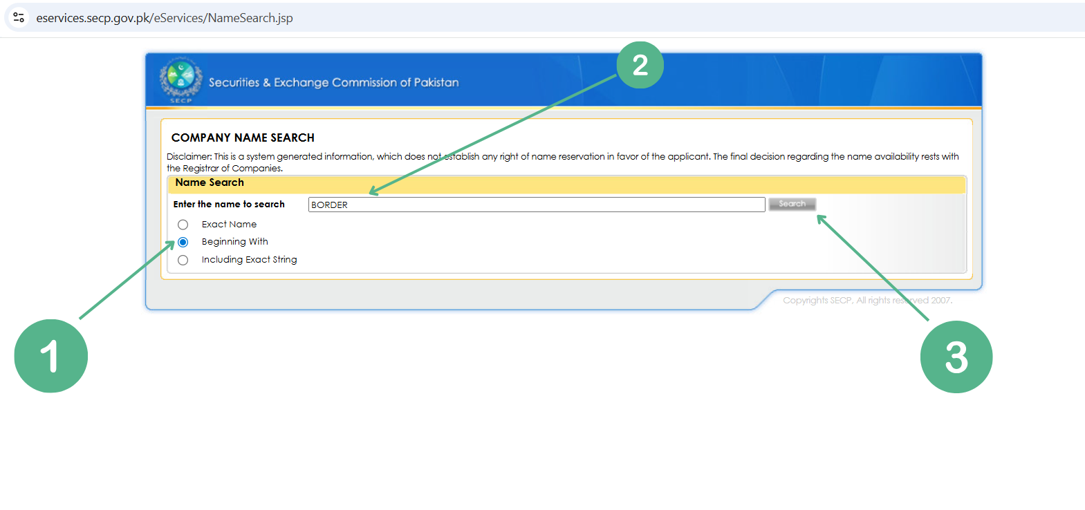 SECP name search – select 'Beginning With' option