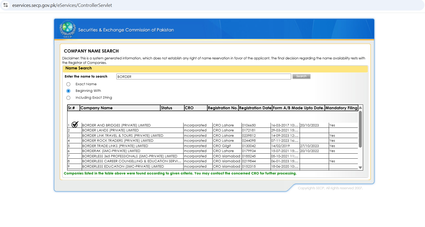 SECP verification result showing Border and Bridges registered