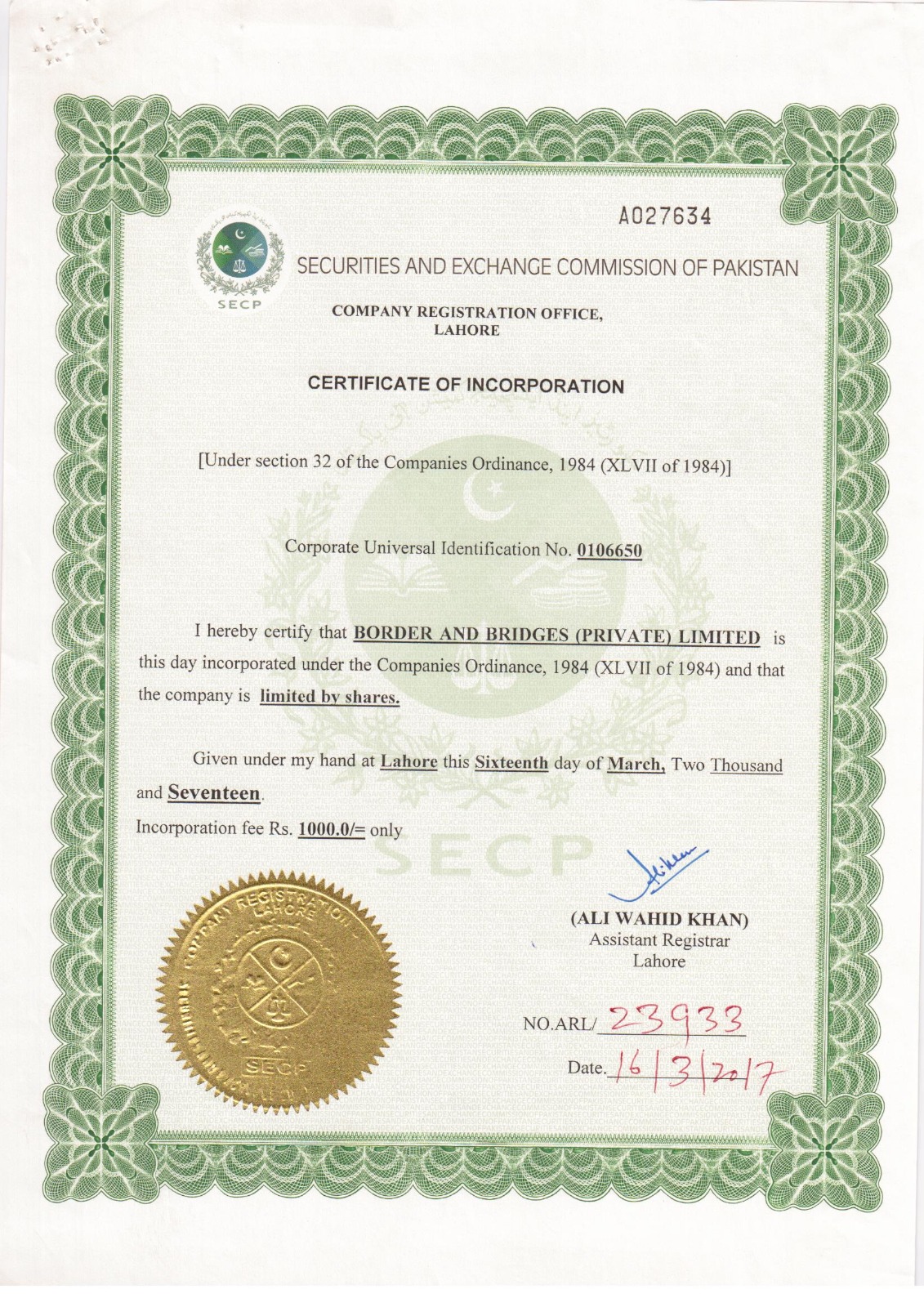 Border and Bridges SECP Registration Certificate – official document