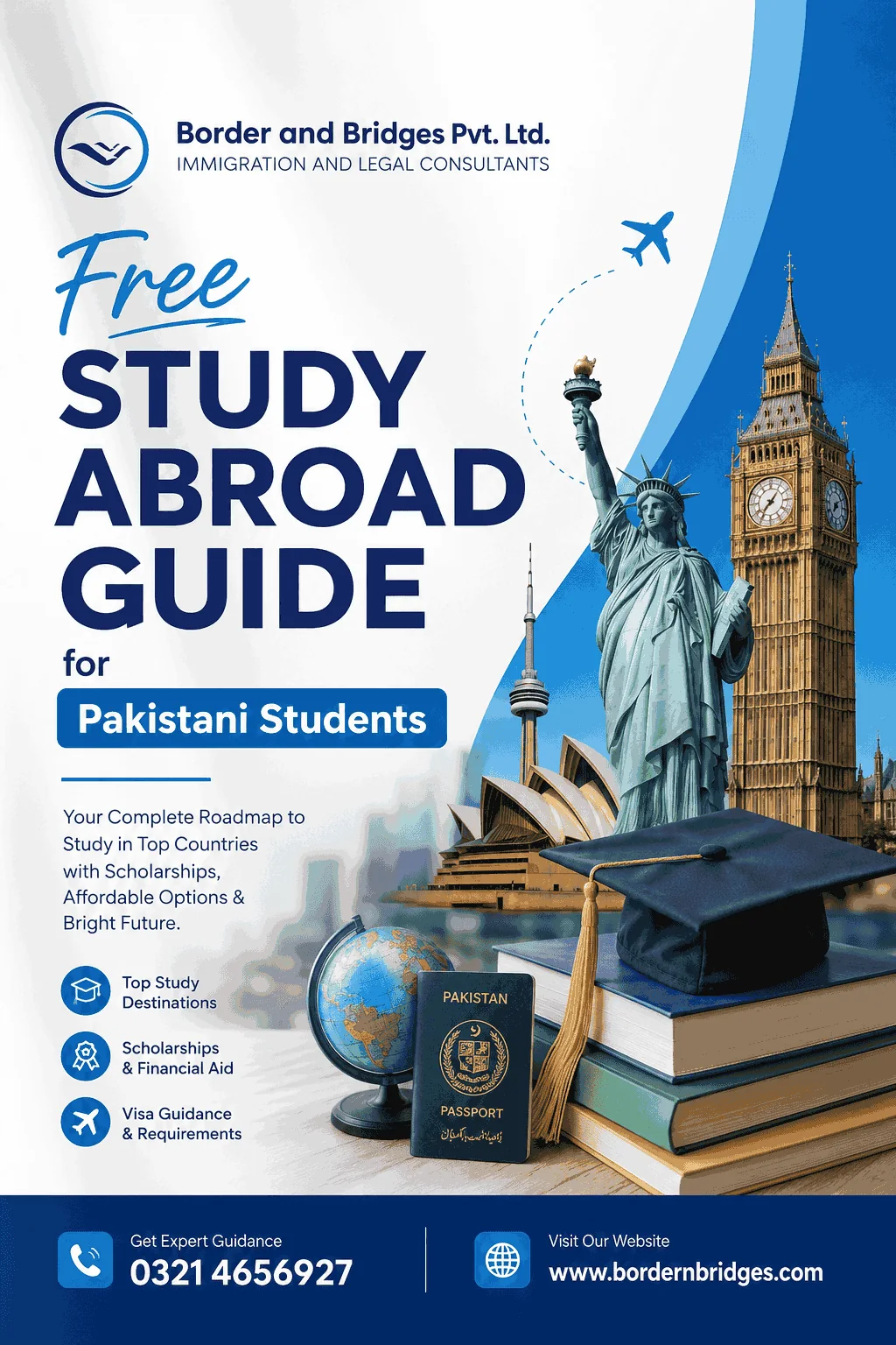 Cover of the free Border and Bridges study abroad guide for Pakistani students, covering top study destinations, scholarships and financial aid, and visa guidance and requirements